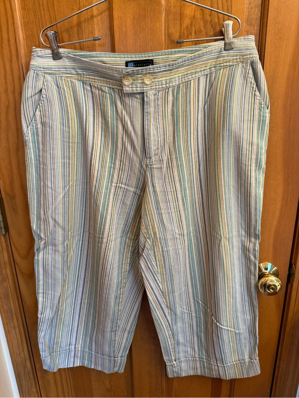 Relativity Striped Cotton Blend Capri Pants in Blue, Green, Yellow, and Cream